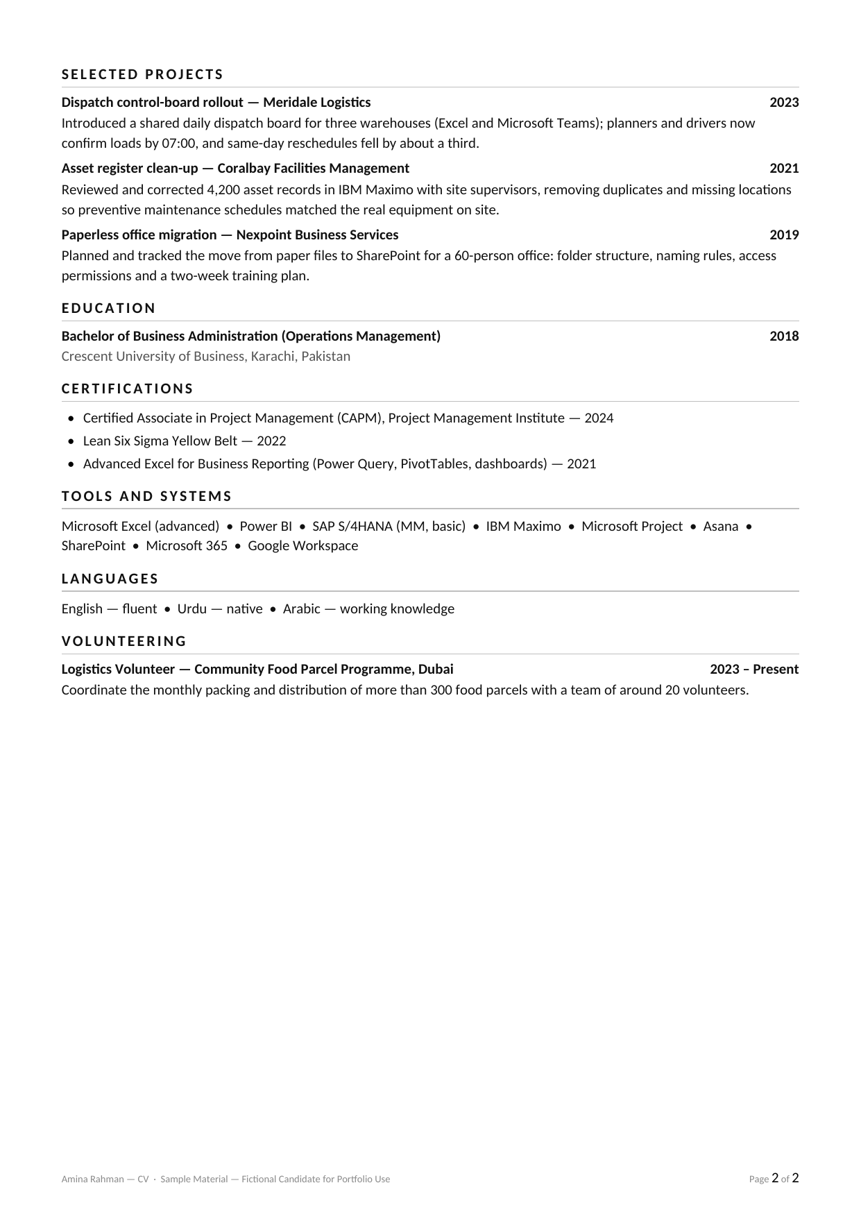 Amina Rahman — ATS-Formatted CV — slide 2 of 2
