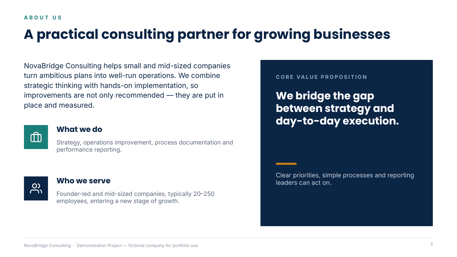 NovaBridge Consulting — Company Overview & Capability Presentation — slide 2 of 12