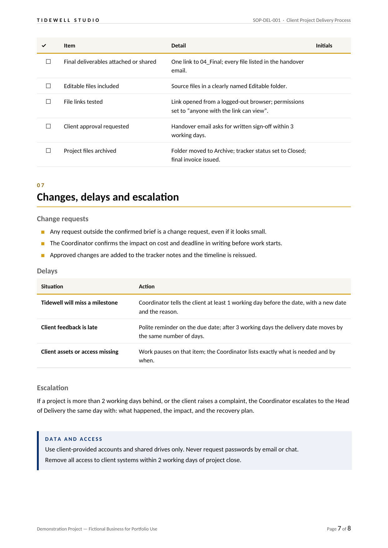 Tidewell — Client Project Delivery SOP — slide 7 of 8